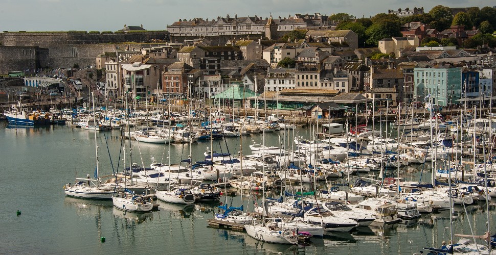 Aerial view of boats in Sutton Harbour Marina 